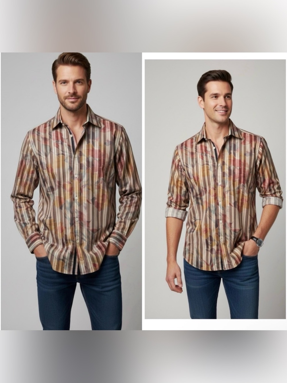 BUGATCHI UOMO Men's Luxury Button Down - Striped & Floral Artistic Print Large